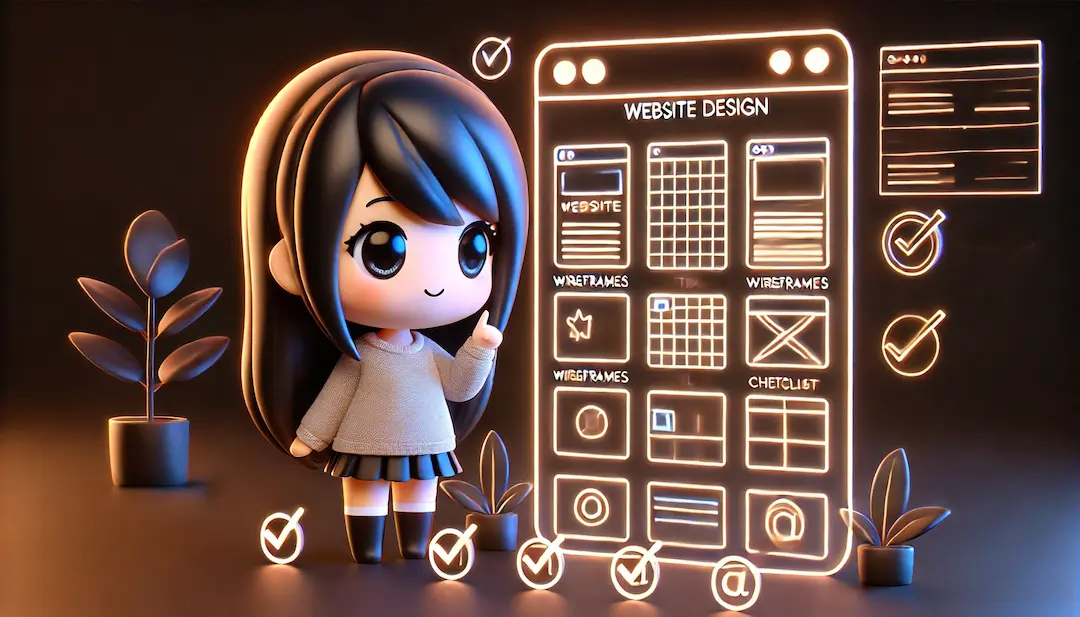 Illustration kawaii 3D de Cindy debout devant un panneau lumineux affichant des wireframes et des checklists, symbolisant le processus de création d'un cahier des charges pour un site web.