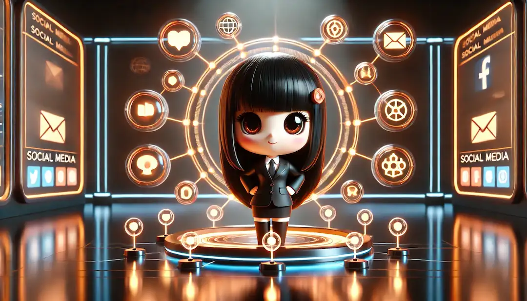 Illustration kawaii 3D de Cindy avec une grande tête et un petit corps, debout devant un panneau de contrôle lumineux représentant des plateformes de réseaux sociaux. Elle est entourée d'icônes brillantes et de lignes de connexion, symbolisant la maîtrise d'une stratégie sur les réseaux sociaux.