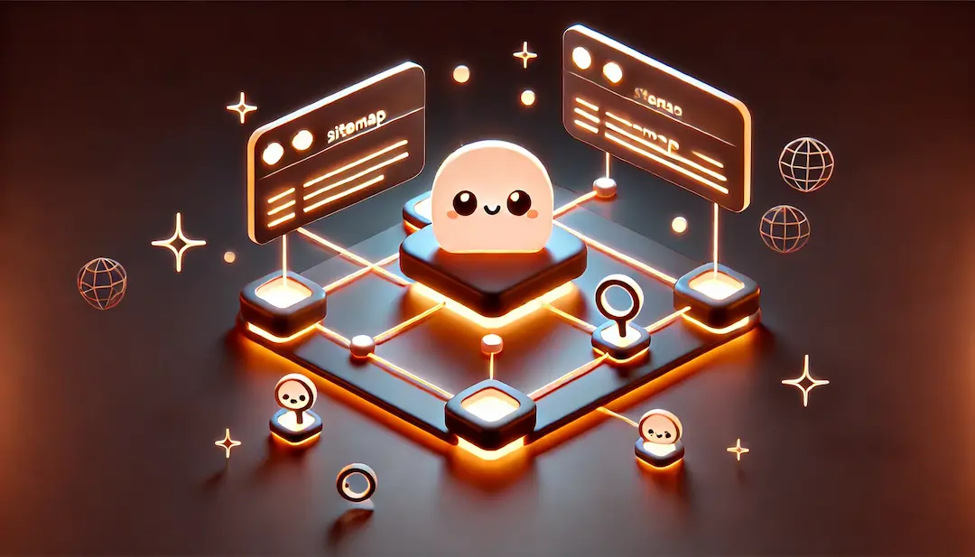 Illustration 3D kawaii représentant un plan de site (sitemap) avec une grille lumineuse interconnectée symbolisant les URL d'un site web. Des éléments comme une loupe et des fenêtres de navigateur indiquent l'exploration et la navigation, le tout sur un fond sombre avec des éclats lumineux oranges.