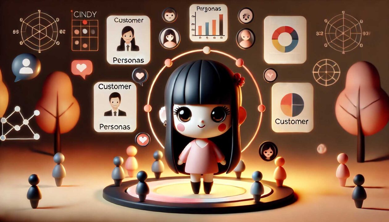 Illustration kawaii en 3D de Cindy, entourée d'icônes flottantes représentant des personas clients avec des graphiques, avatars et bulles de dialogue, sur fond sombre avec des accents lumineux orange et blanc.