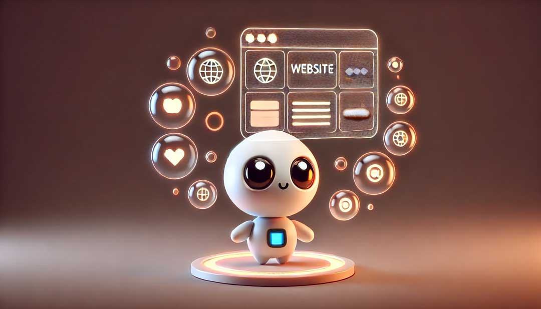 Un robot mignon interagissant avec un écran holographique pour créer des sites web grâce à l'intelligence artificielle. Fond sombre avec des accents lumineux orange et blanc, minimaliste et futuriste.