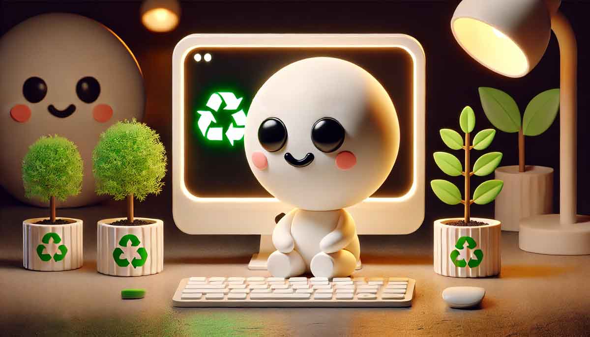 Illustration kawaii en 3D montrant un personnage neutre nommé Mr Nobody, assis devant un écran d'ordinateur affichant une feuille verte lumineuse, symbolisant la conception de sites web éco-responsables. Autour de lui, des plantes en pot et des arbres minimalistes créent une ambiance naturelle. Le fond sombre est illuminé par des accents de lumière orange pour mettre en valeur l'écran et les plantes.