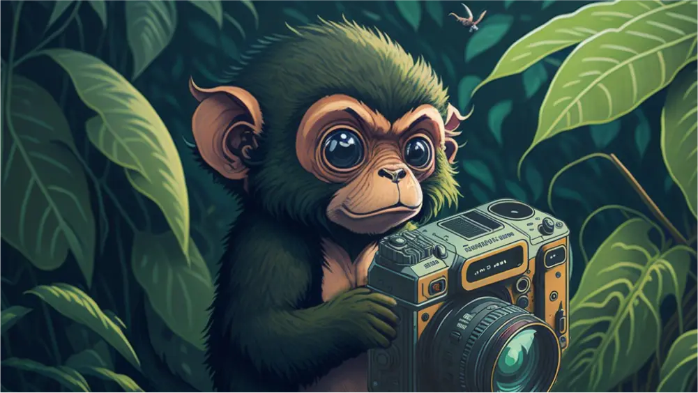 Un petit singe avec un appareil photo - webby booster
