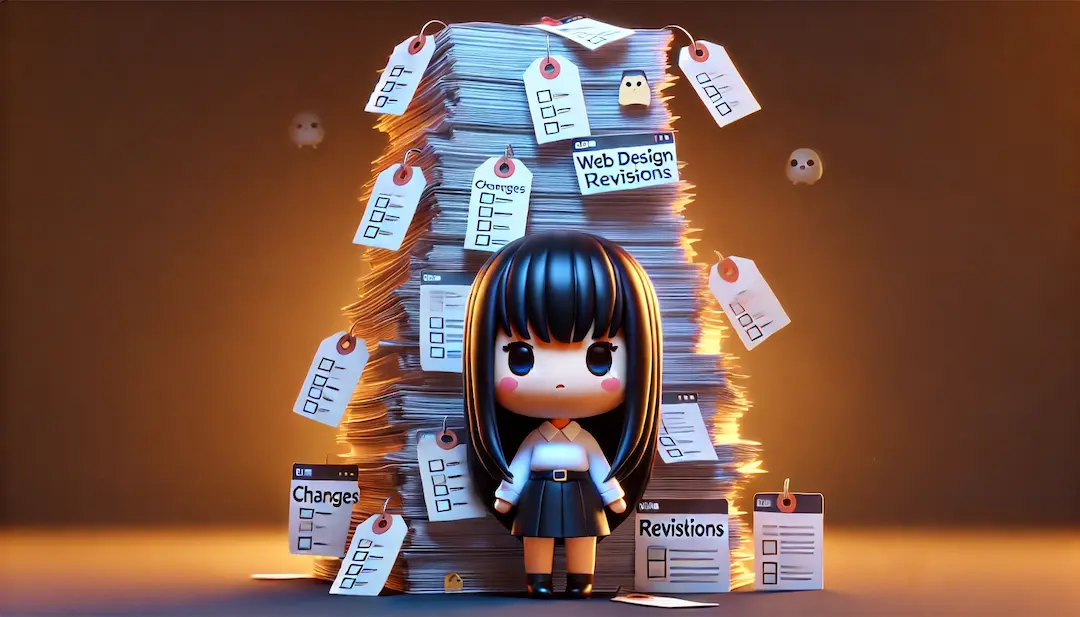 Cindy debout devant une pile de documents, symbolisant les révisions de projets web qui s'accumulent, dans un style 3D kawaii.