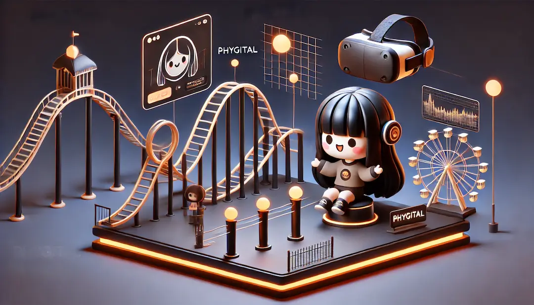 Illustration 3D kawaii minimaliste représentant une expérience phygitale avec un personnage expliquant la fusion du monde physique et digital, dans un parc à thème avec un roller coaster et un casque de réalité virtuelle. Fond sombre avec des accents lumineux oranges pour évoquer les connexions numériques.