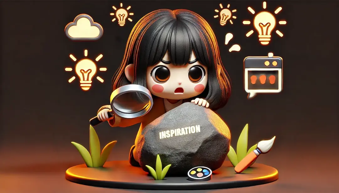 Illustration 3D kawaii de Cindy, accroupie et anxieuse, soulevant une roche sous laquelle est écrit 'INSPIRATION'. Le fond sombre, accentué de lumières oranges, évoque une recherche intense et curieuse.