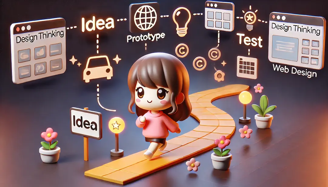 Illustration 3D kawaii montrant Cindy marchant le long d'un chemin représentant le parcours utilisateur, avec des panneaux indiquant 'Idée', 'Prototype', et 'Test', symbolisant le processus de design thinking pour sites web. Autour d'elle flottent des éléments de design web, comme des grilles de sites et des icônes. Le fond sombre avec des accents lumineux oranges crée une atmosphère professionnelle et ludique.