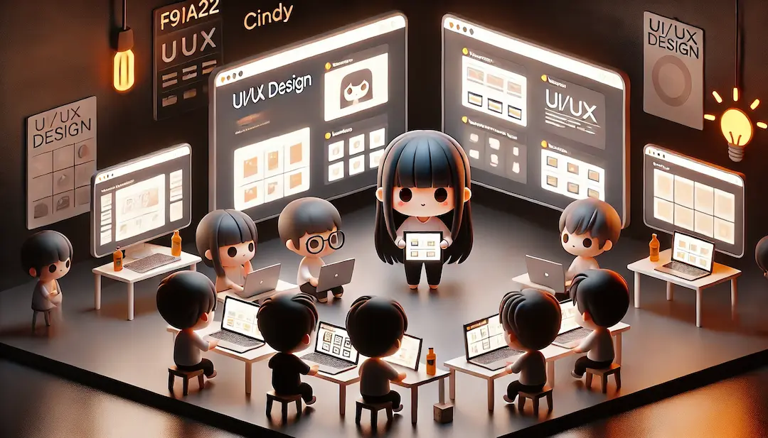 Illustration 3d kawaii représentant des étudiants collaborant sur un projet ui/ux dans un atelier, guidés par une formatrice. Les personnages, avec une grosse tête et des yeux expressifs, analysent un site web sur des écrans et utilisent des outils numériques comme des ordinateurs portables. L'arrière-plan est sombre avec des accents lumineux pour évoquer le thème digital.