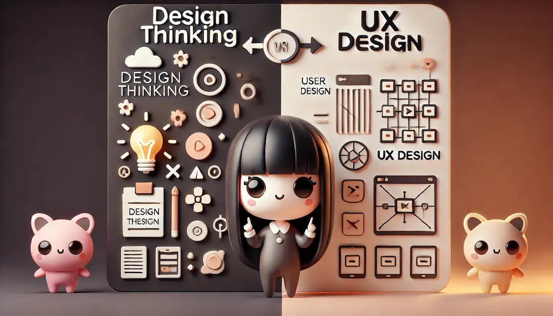 Illustration 3D kawaii divisée en deux moitiés. À gauche, le titre 'Design Thinking' est entouré d'éléments comme des ampoules, des post-its et des symboles de brainstorming. À droite, le titre 'UX Design' est accompagné de wireframes, d'icônes d'interface et de diagrammes de flux utilisateur. Cindy se tient entre les deux sections, pointant les concepts pour montrer leur connexion. Le fond sombre est accentué par des éclats lumineux oranges, créant une ambiance éducative et ludique.