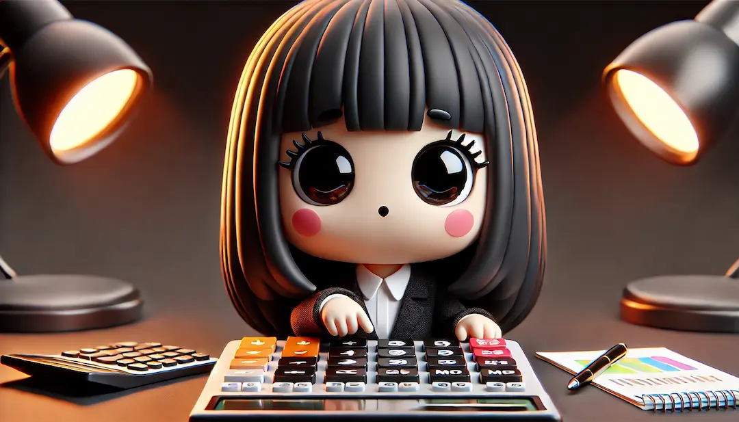 Illustration 3D kawaii de Cindy, un personnage avec de longs cheveux noirs et une frange, tenant une calculatrice géante. Elle calcule les tarifs de webdesign, avec un fond sombre et des accents lumineux orange, reflétant une ambiance professionnelle et créative.