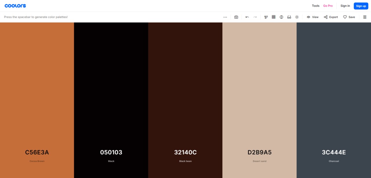 Palette de couleurs générée sur le site coolors. Co