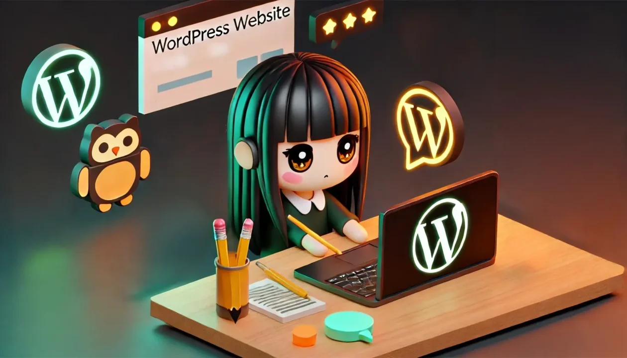 Illustration kawaii en 3D montrant Cindy, un personnage avec de longs cheveux noirs, travaillant sur un ordinateur portable pour créer un site WordPress. Le décor minimaliste comprend des éléments symboliques comme un logo WordPress, un crayon, et des icônes de collaboration, le tout avec un fond sombre et des accents lumineux orange.