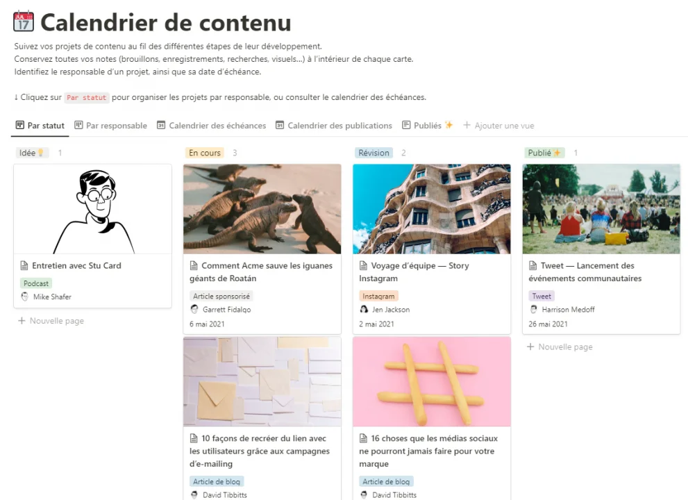 Modèle de calendrier de contenu sur Notion Modèle offert par Notion pour la création d'un calendrier de contenu sur les réseaux sociaux